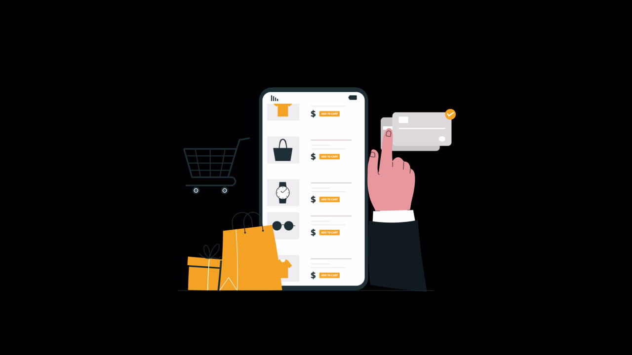 Mano animata che sfoglia prodotti su un'app di shopping mobile