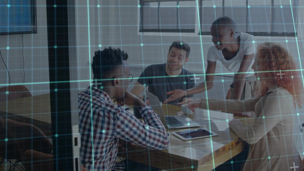 Animation of grid network over team of diverse colleagues discussing together at office