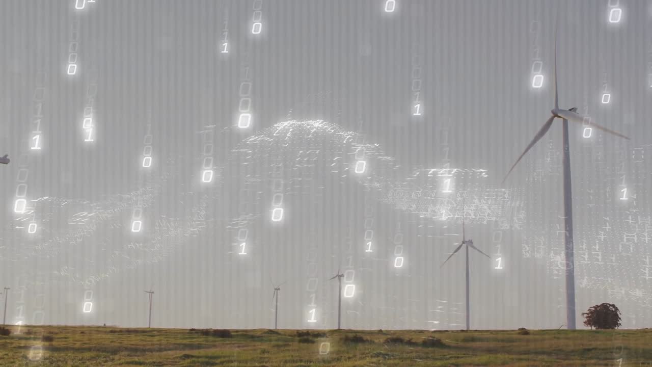 Turbina rotante a destra su una pianura erbosa, con turbine, arbusto, onda binaria e spazio per il testo.