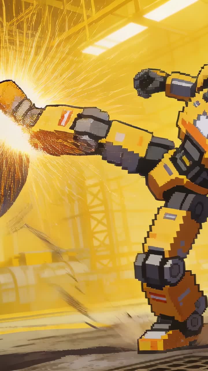 Vertikal video: To mecha-piloter affyres, skyder mechs i en arena efter en eksplosion, med jetpack-gnister.