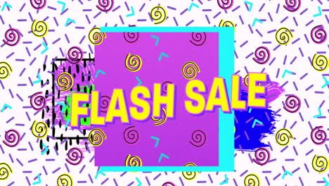 Animation-of-flash-sale-text-in-yellow-letters-over-brightly-coloured-retro-pattern