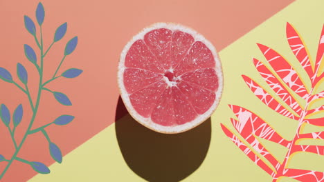 composición de pomelo dividido en dos y hojas rojas y azules sobre fondo amarillo y rojo