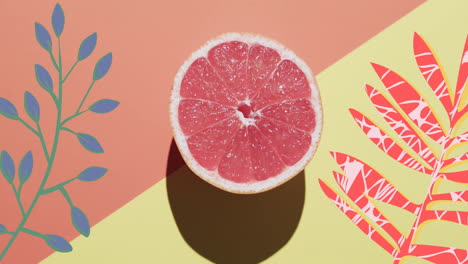 composition of halved grapefruit and red and blue leaves on yellow and red background