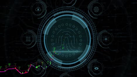 Animation-Von-Diagrammen-über-Fingerabdrücken-Im-Kreis-Und-Mehreren-Symbolen-Vor-Schwarzem-Hintergrund