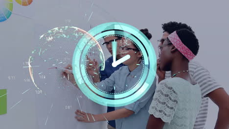animation of global network and scanner with clock processing data, and diverse colleagues in office