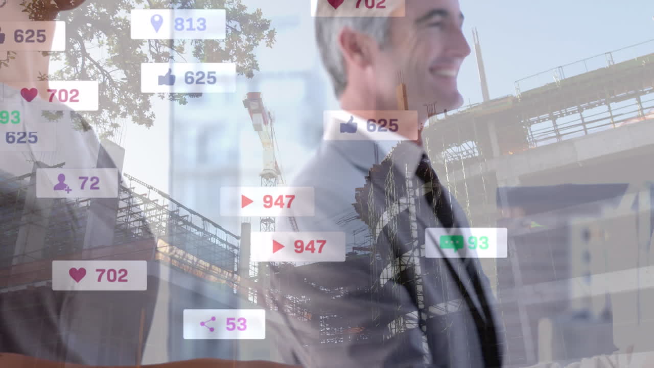 비즈니스맨과 비즈니스맨이 손을 흔들고 있는 중간 섹션 위에 증가하는 숫자를 가진 디지털 아이콘