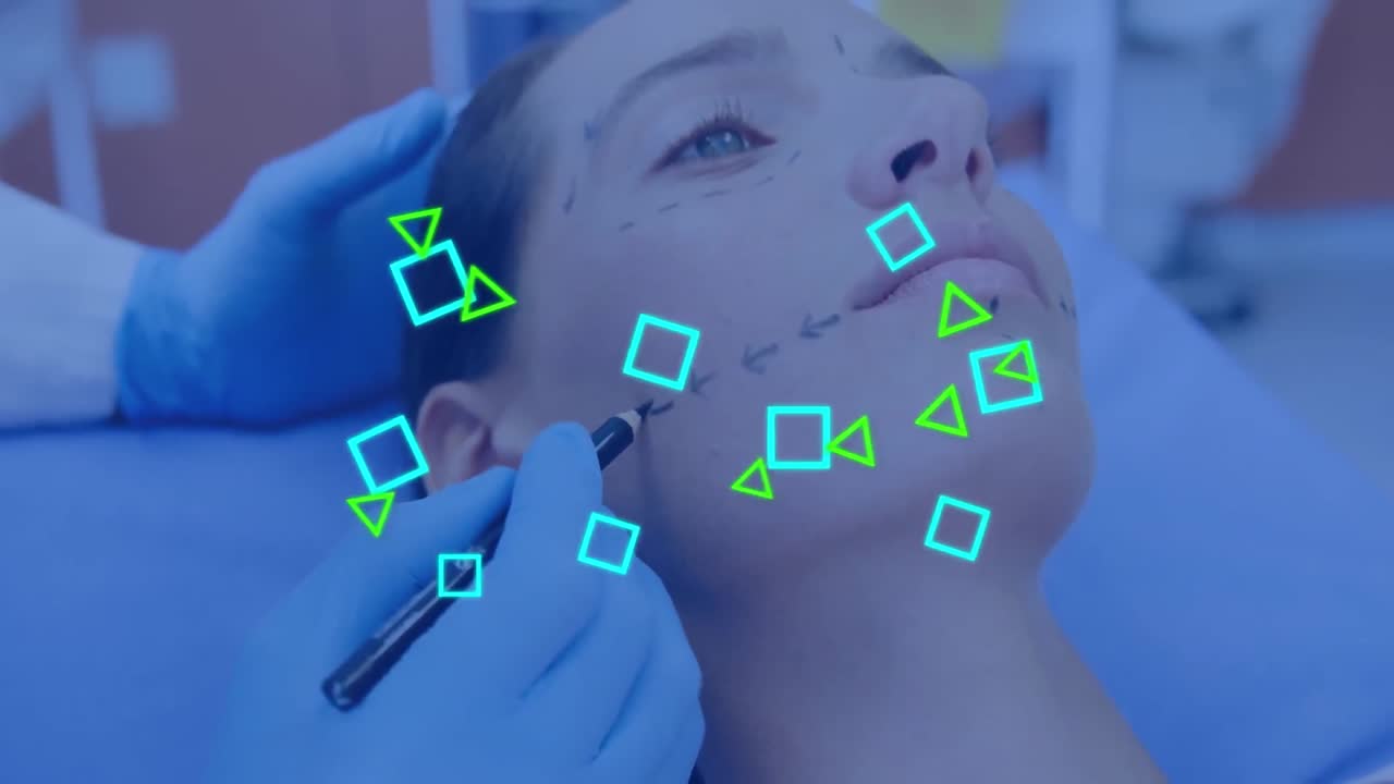 animación de una red de formas sobre una mujer caucásica que se prepara para una cirugía facial