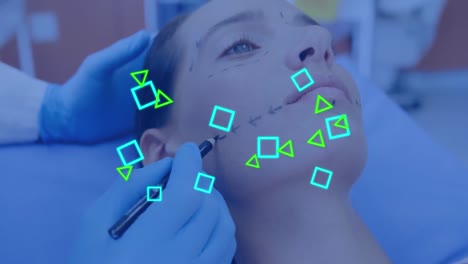 animación de una red de formas sobre una mujer caucásica que se prepara para una cirugía facial