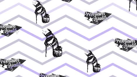 animation of premium quality text and high heels repeated on white background