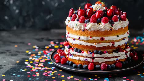 layered fruit cake with whipped cream and confetti
