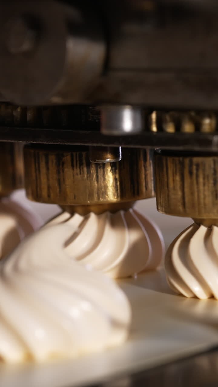Machine producing white vanilla marshmallows. Creamy desserts are laid on the conveyor line. Close up. Vertical video
