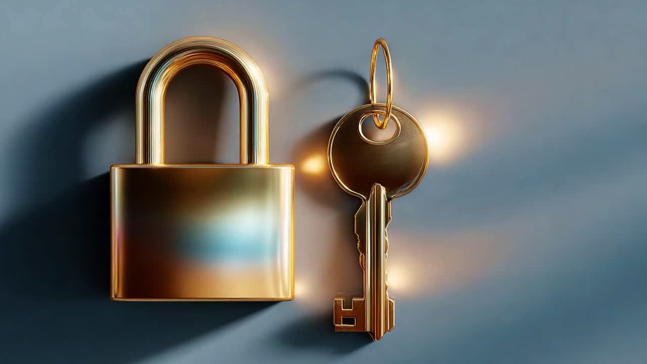 A Close-up View of a Shiny Gold Padlock with a Key Nearby, Emphasizing Security and Protection in a Stylish and Elegant Design, Suitable for Discussing Safety and Lock Mechanisms