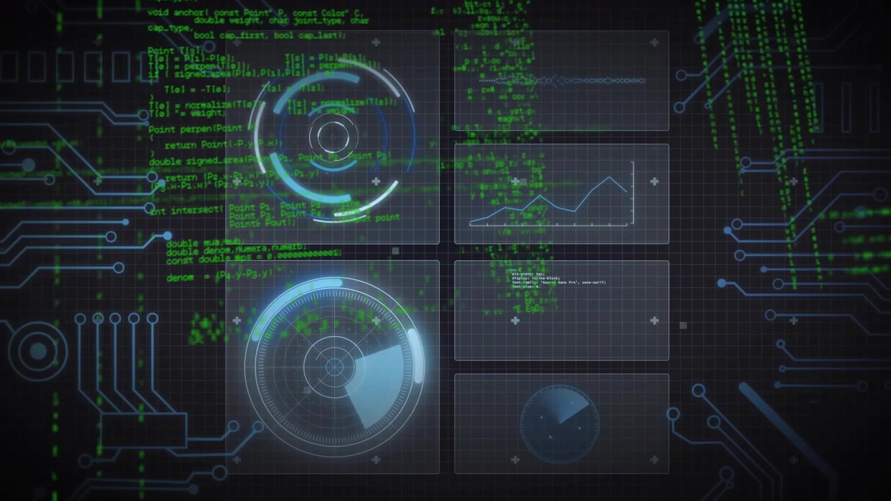 Green code cascading over grid initiating circular scans rotating while panels showing data charts