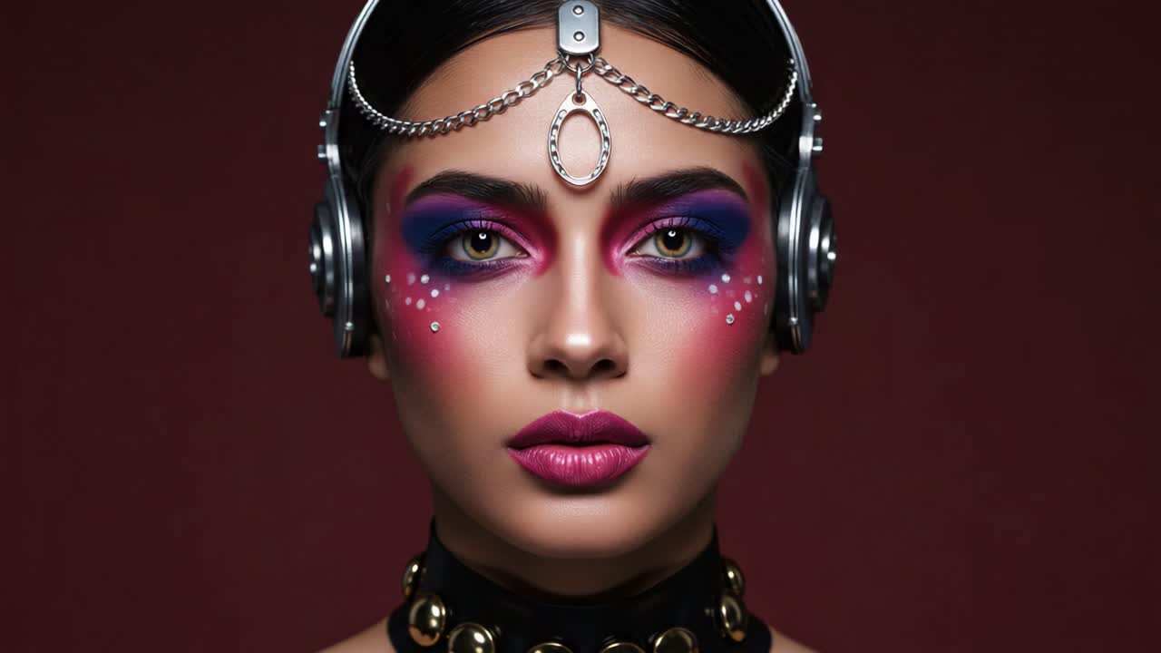 A Striking Portrait of a Model with Bold Makeup and Stylish Headphones, Capturing a Unique Blend of Modern Fashion and Artistic Expression in a Studio Setting