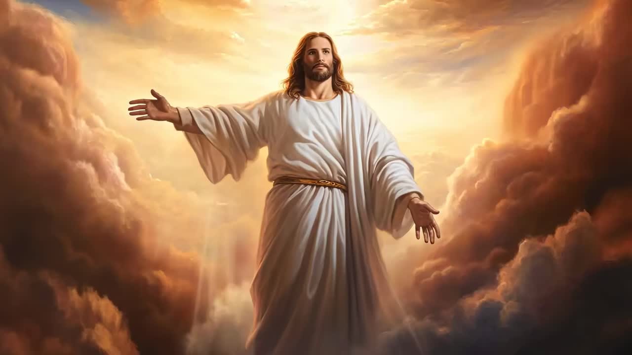 A divine figure in white robes stands amidst glowing clouds, arms open