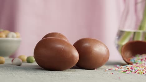 happy easter holiday. chocolate eggs close-up. preparing for easter, painting and decorating eggs. christian celebration, family traditions.