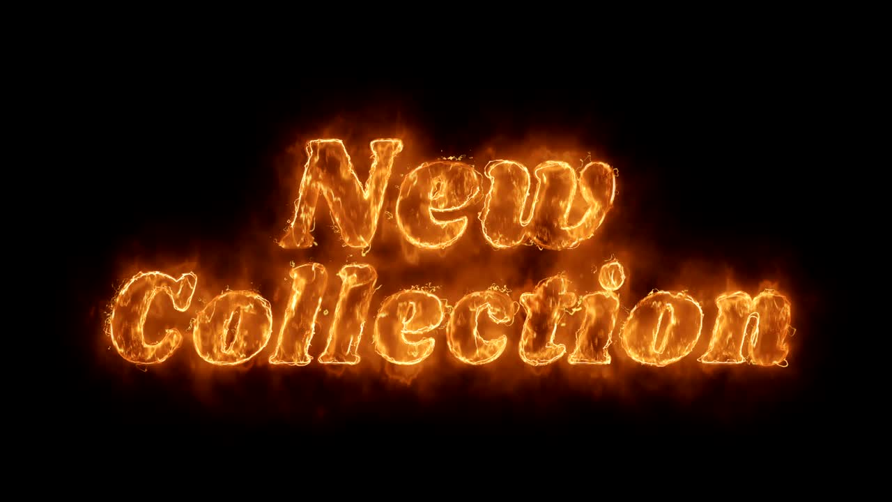 Parola "Nuova Collezione" animata con fiamma di fuoco realistica e ardente in loop