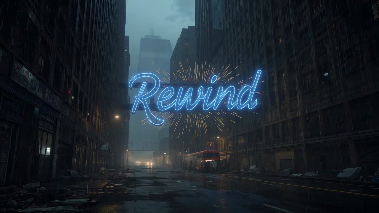 Glowing blue neon Rewind centering over wet street canyon, bus entering right altering reflections