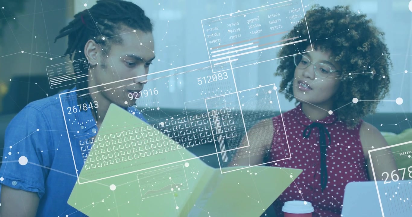 Man lifting yellow folder and colleague analyzing business data while network graphics floating