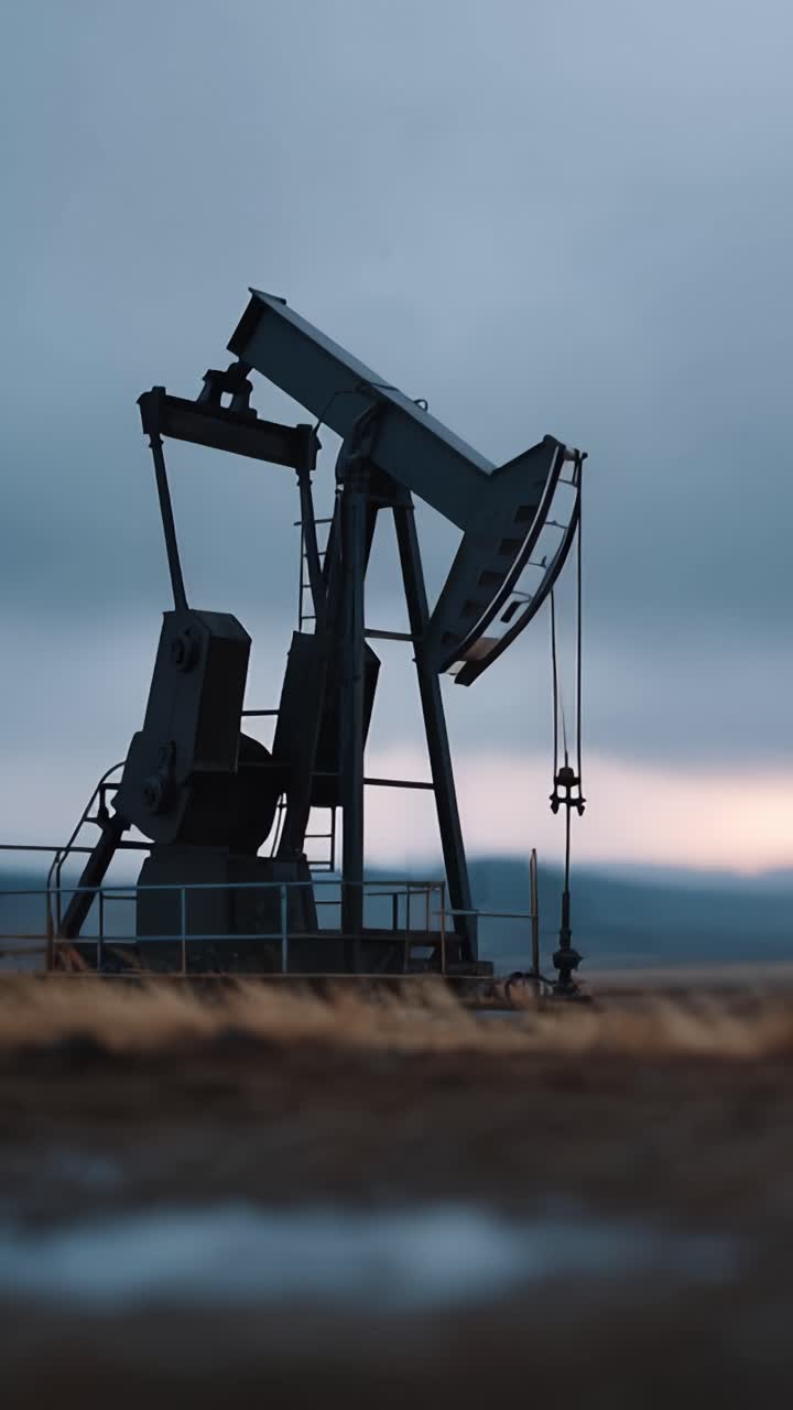 En industriel pumpebuk silhuetteret mod en stemningsfuld himmel, fanget i to rammer, der fremhæver mekanismen for olieudvinding ved skumringstid.
