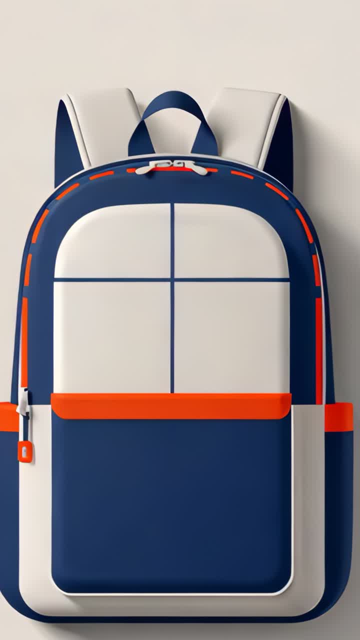 Vertical video: Starting camera pan revealing navy and white backpack in studio showing orange trim