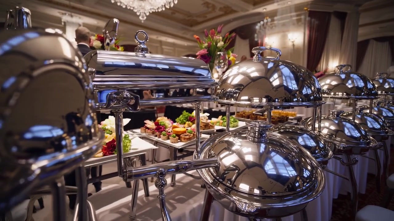 Allestimento elegante di buffet catering in una lussuosa sala da ballo