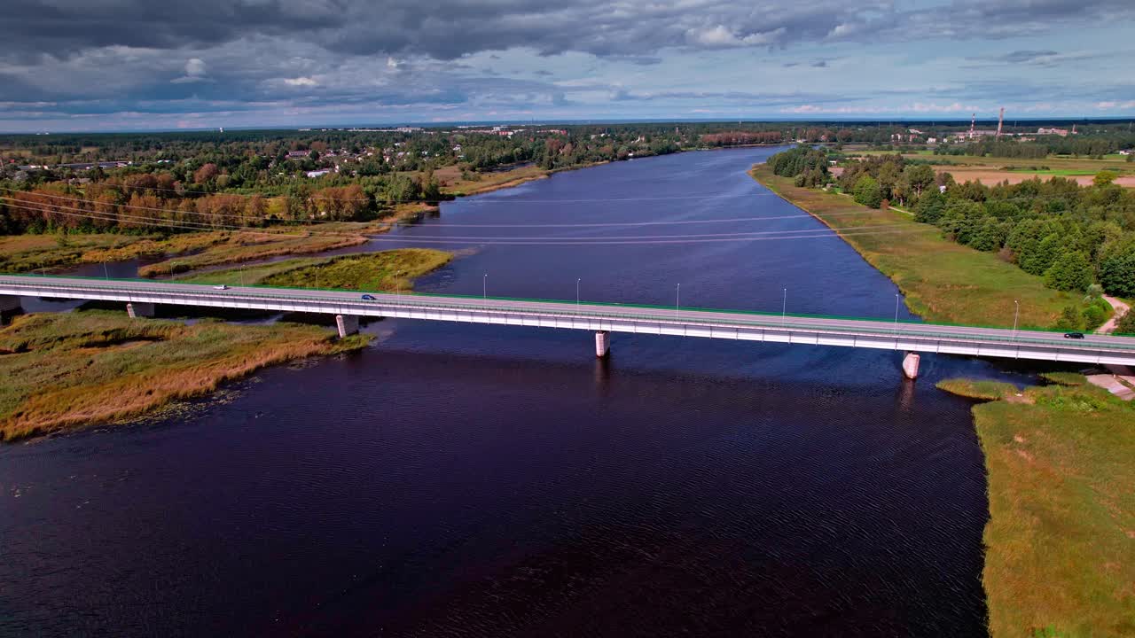 Views of the river and bridge in Latvia on a sunny day