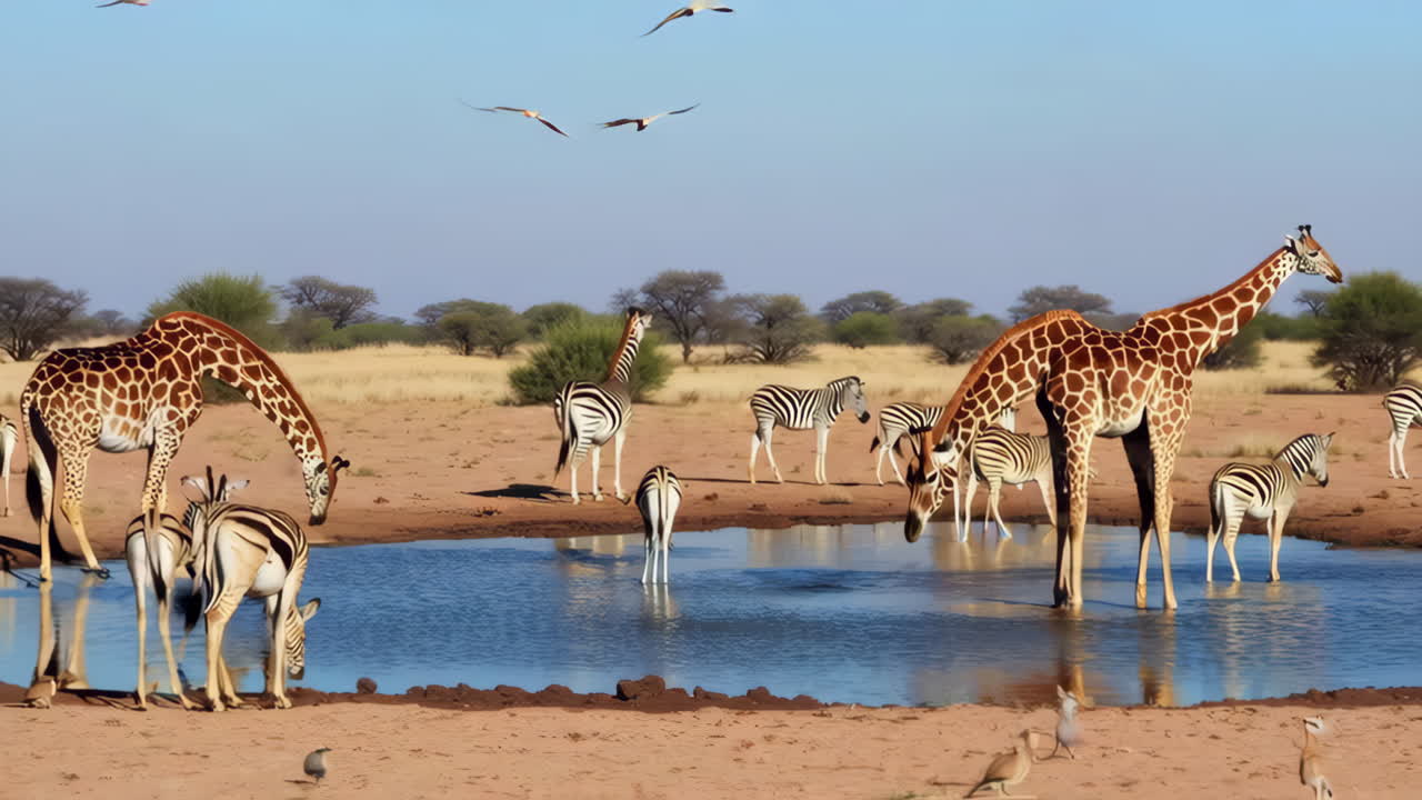 Giraffes and Zebras at a Waterhole