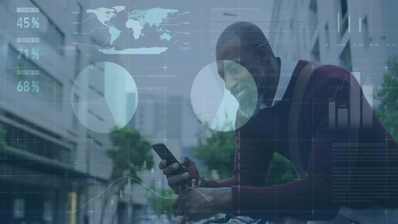 animazione dell'elaborazione dei dati finanziari su un uomo afroamericano sullo smartphone