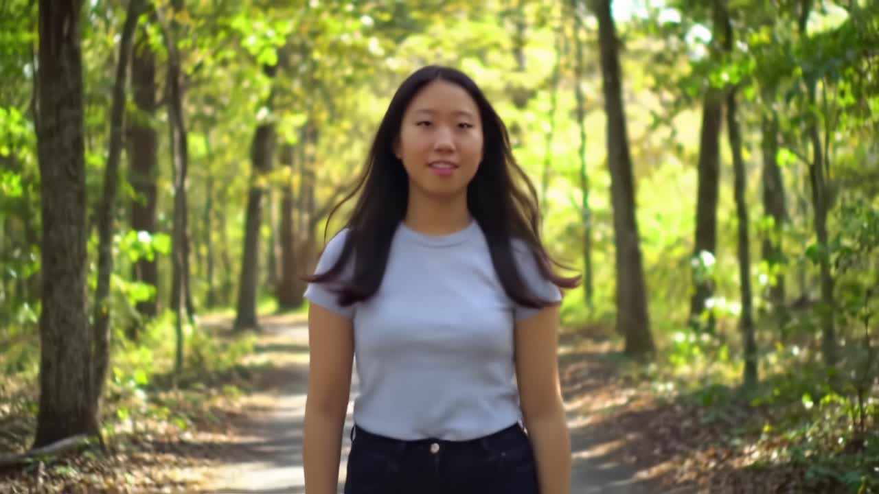 A Young Woman Walking Confidently Through a Sun-Dappled Forest Path, Embracing Nature and the Vibrant Autumn Colors Around Her