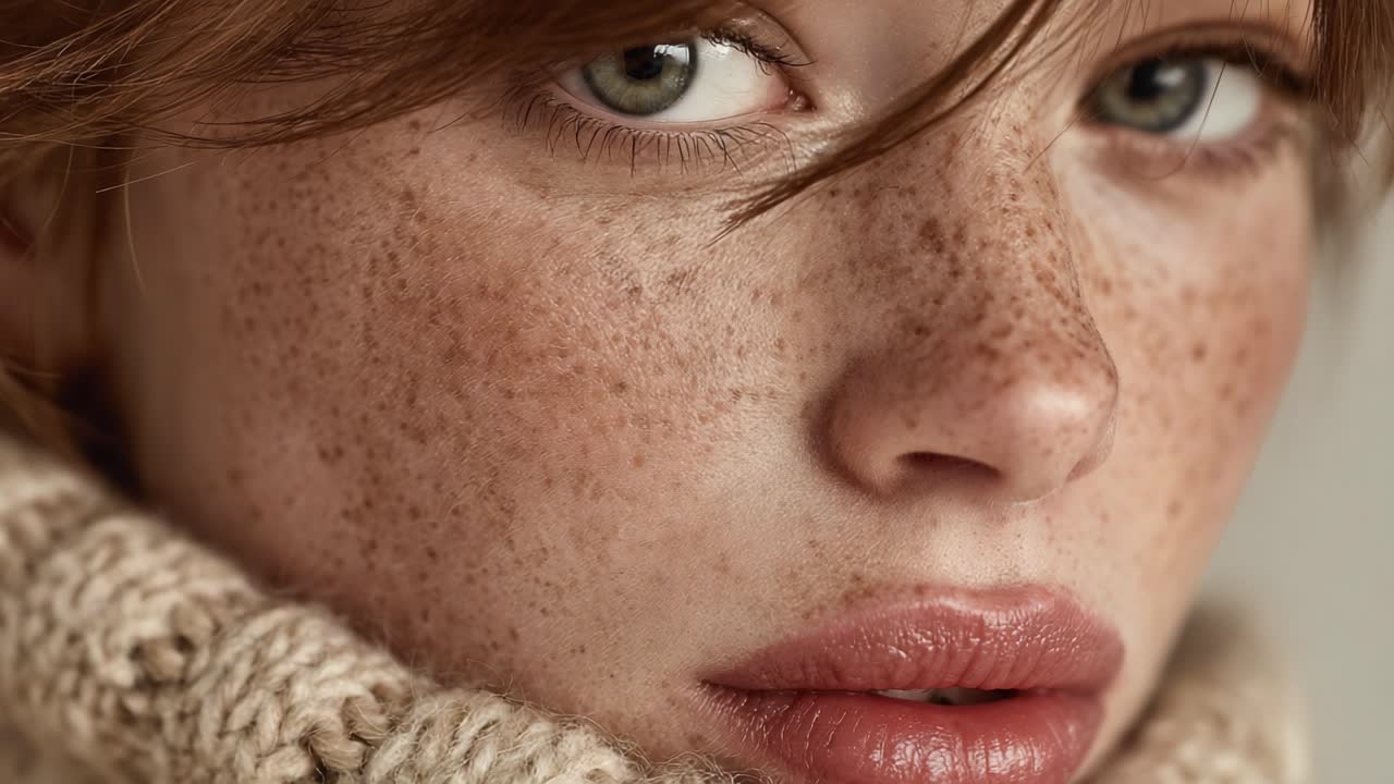 Close-Up Portrait of a Young Woman with Freckles and Warm Expression, Showcasing Natural Beauty in Cozy Textured Sweater