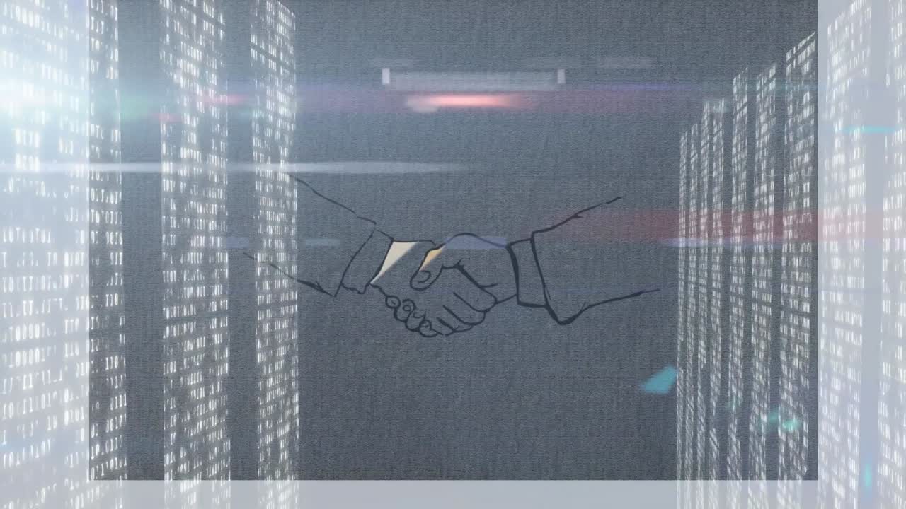 Animazione di pannelli luminosi che elaborano dati, sulle mani di due professionisti che si stringono la mano.