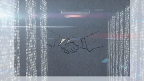 animation of glowing panels processing data over hands of two business people shaking hands