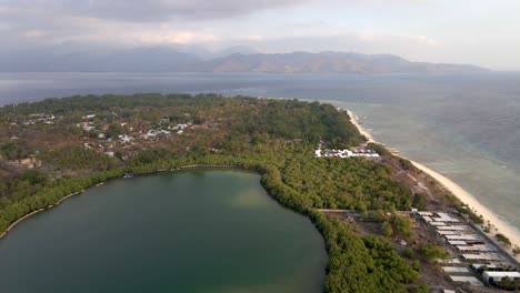 Beautiful-island-shot-of-Gili-Meno-with-natural-lake-surrounded-by-forest