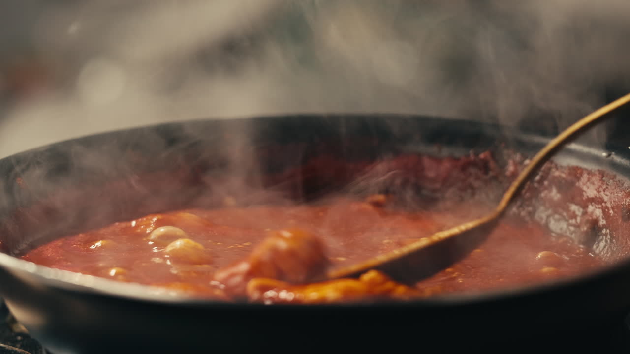 Chicken in tomato sauce is boiling on a frying pan with spices. Cooking tomato sauce curry with chicken fillet. Traditional Italian Mexican Asian dish. High quality studio shot for cafe, restaurant close up.