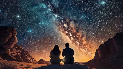 couple stargazing under the milky way in a desert landscape