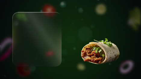 crispy pork skin (chicharron) doner gyros with parsley, cucumber animation - (green background) - left glass panel ready for writing menu names or special deals