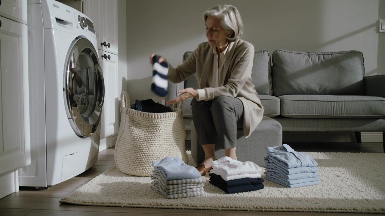 Folding senior woman in cardigan reaching into basket of laundered clothes by washer, pairing socks