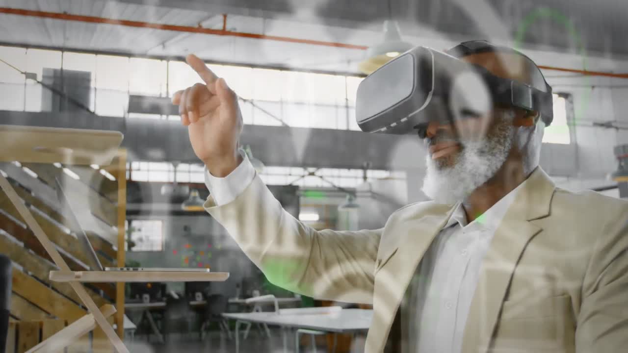 Animation of social media icons and data processing over african american man wearing vr headset