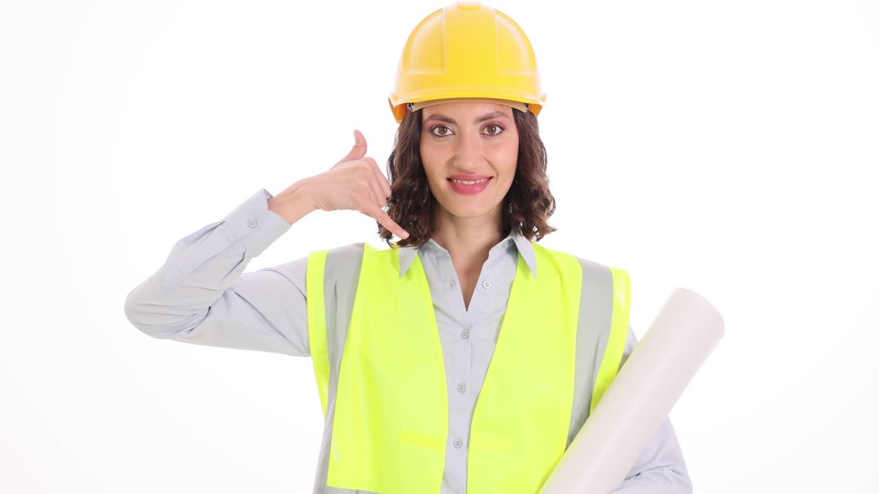 Female Engineer or Architect Making Call Me Gesture with Blueprints