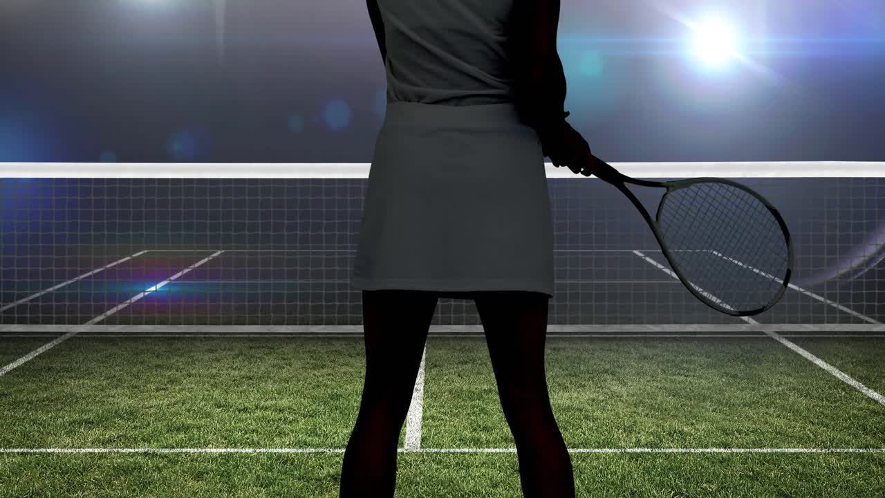 테니스 코트 위 에 라켓 을 들고 있는 여자 테니스 선수 의 중간 부분 의 애니메이션
