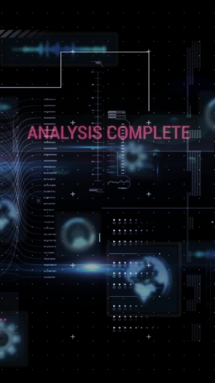 Animation of digital interface scanning global network graphics, analysis complete