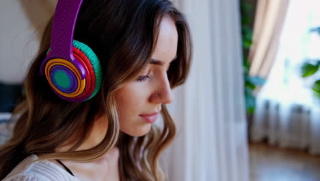 woman listening to music in a cozy boho bedroom