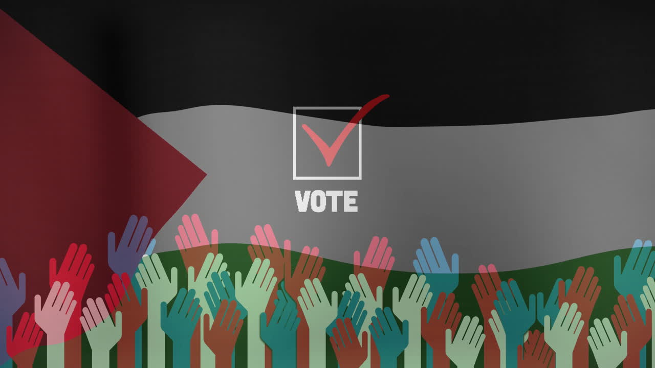Raising colorful hands with Palestinian flag and Vote animation with checkmark