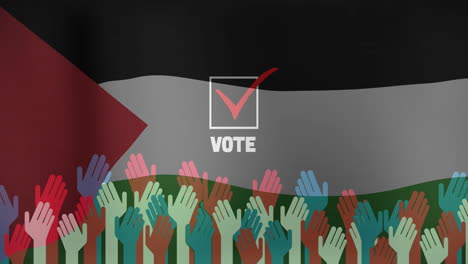 raising colorful hands with palestinian flag and vote animation with checkmark