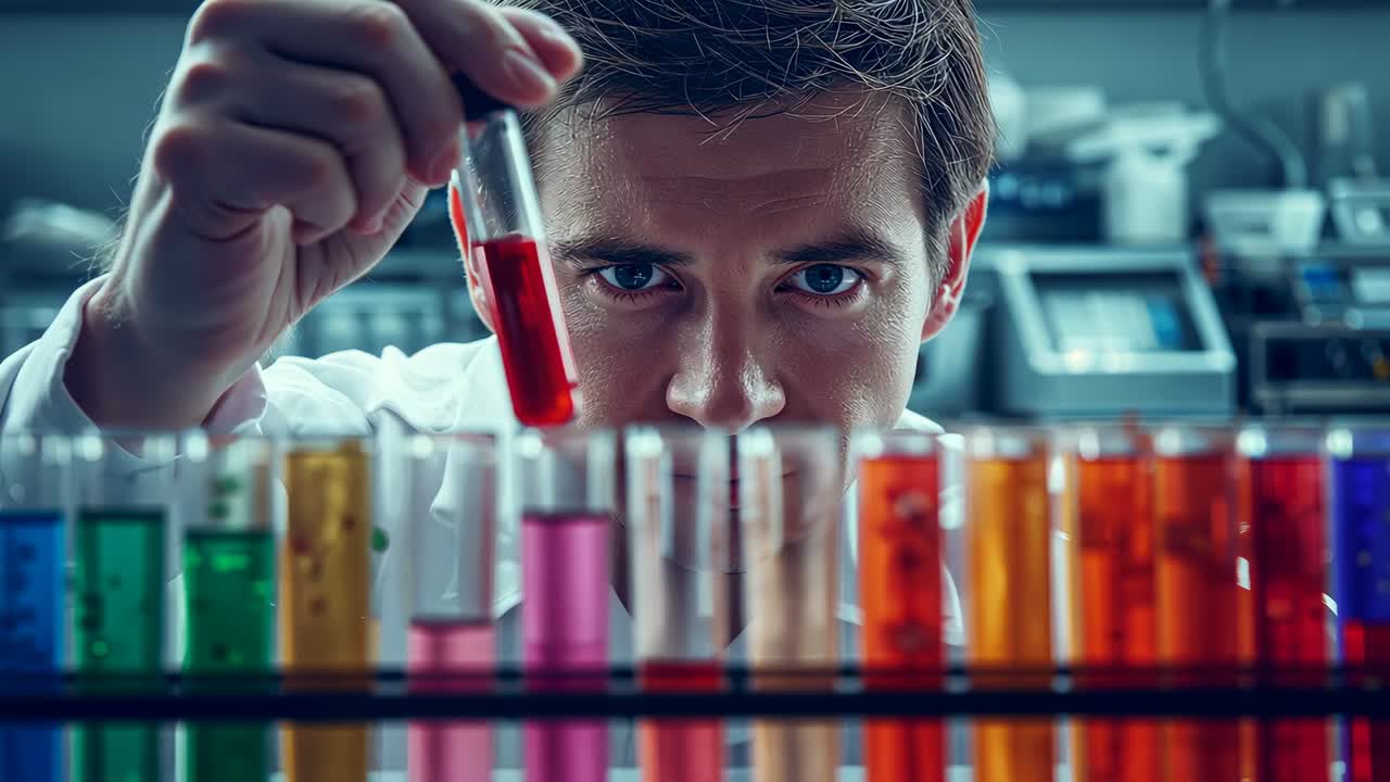 Selecting red test tube, researcher in lab coat inspecting sample over rack at bench for analysis