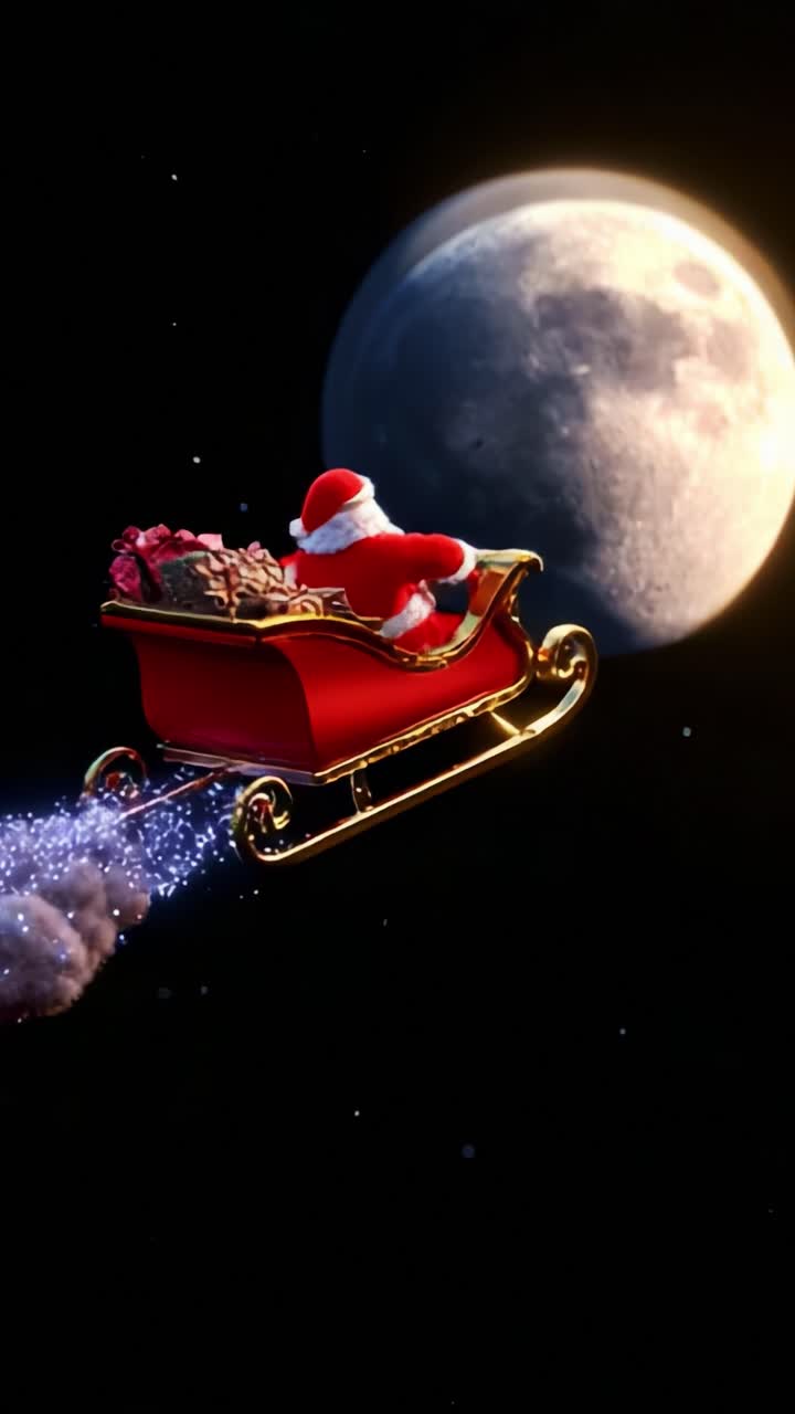 A Magical Christmas Journey: Santa Claus Riding His Sleigh Through the Starry Night Sky with a Beautiful Full Moon Illuminating the Dreamlike Scene, Bringing Joy and Cheer to All Children Worldwide