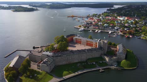 drone shot flying around the vaxholm fortress in sweden near stockholm