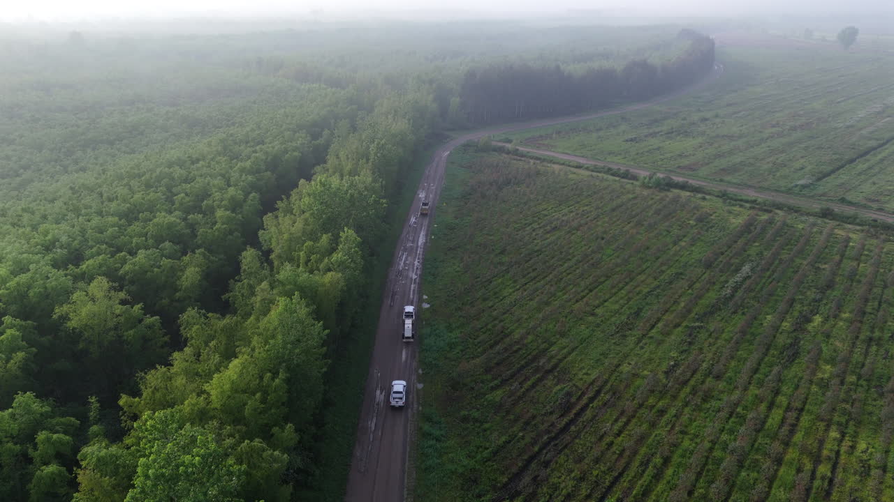 Aerial view of cars driving on a countryside road bordering a lush forest in a rural area, showcasing the beauty of nature and transportation infrastructure