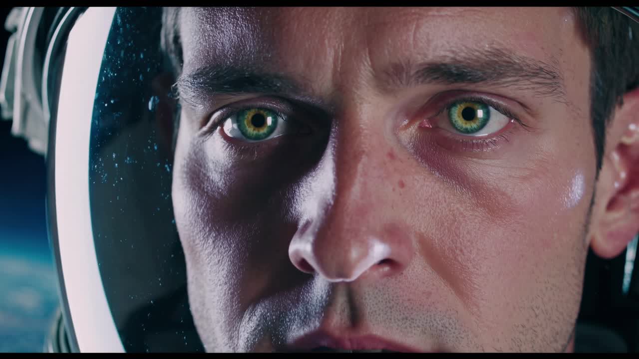 Close-up video shot of an astronaut's face in a helmet, capturing intense focus and emotion